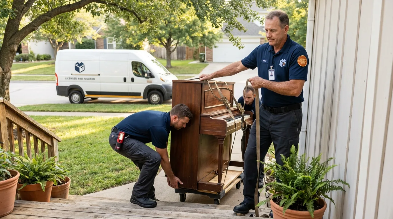 Licensed piano movers securing grand piano in Forest, MS