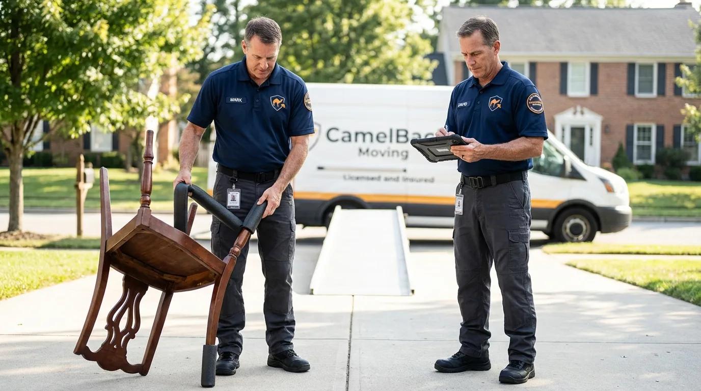 Movers inspecting furniture for damage prevention before loading in Forest, MS