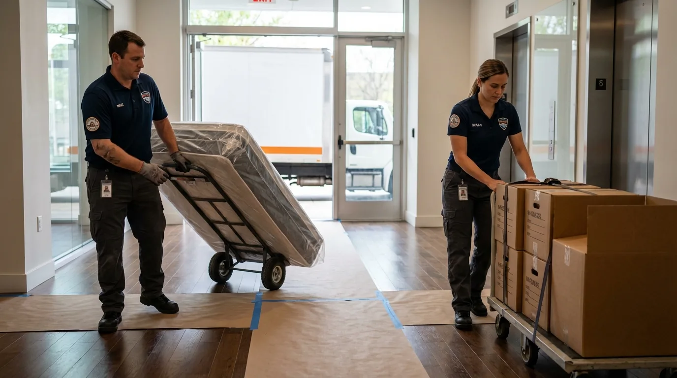 Professional apartment movers loading elevator in Forest, MS