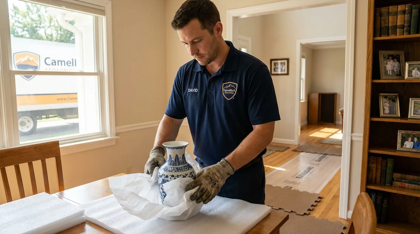 Professional crew carefully wrapping antique vase for senior downsizing move in Forest, MS